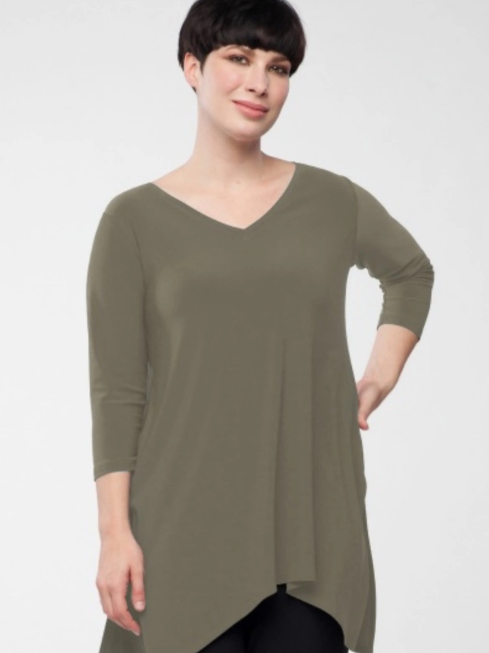 Garnet Hill Olive V-Neck Asymmetrical Tunic Top Medium
